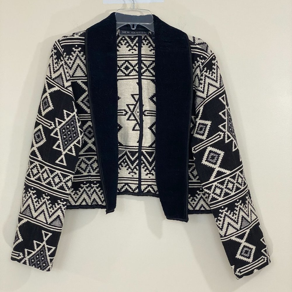 New Identity Boho Tribal Print Cropped Shawl Collar Jacket, Large